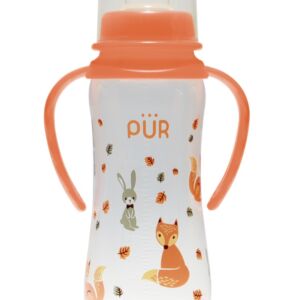 Biberon cu desen si manere piersica +6 luni