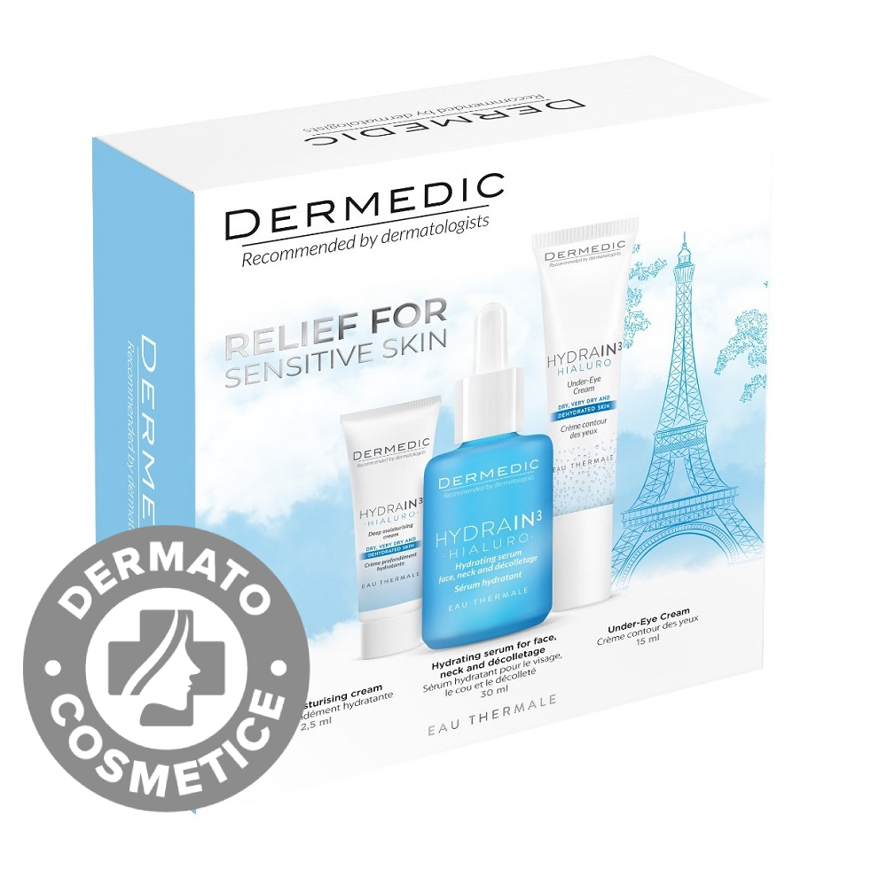 Pachet Hydrain3 Ser hidratant 30ml + Crema contur ochi 15ml + Crema SPF15 2.5ml