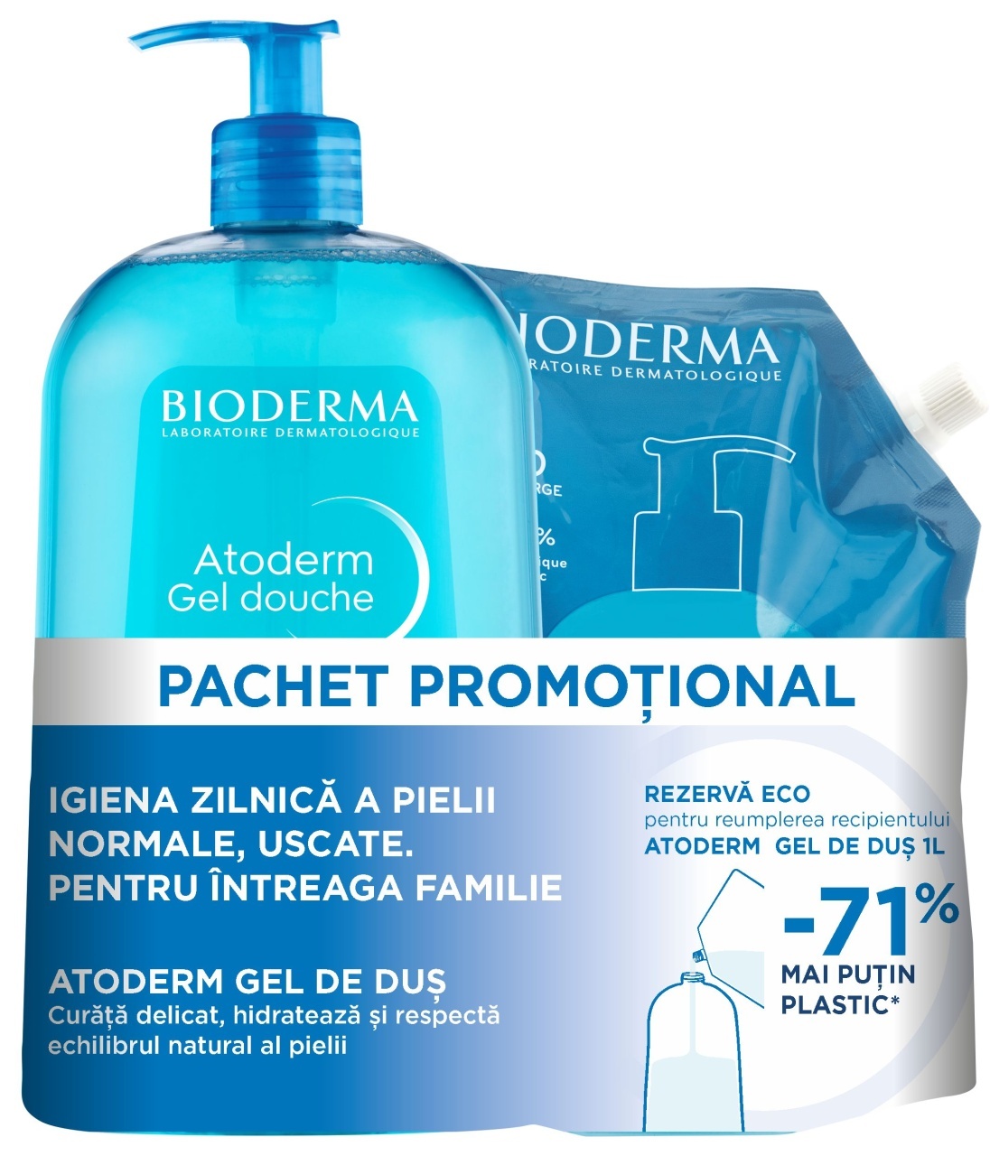 Pachet Promo Bioderma Atoderm Gel Dus 1000 ml + Atoderm Gel Dus Eco Refill 1000 ml