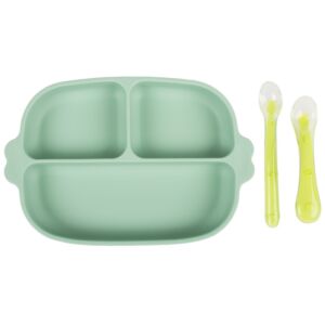 Set farfurie cu ventuza si 2 lingurite din silicon fara BPA verde