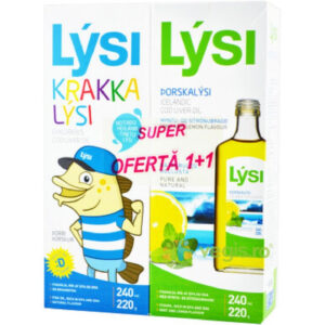 Super oferta 1+1 Ulei de ficat de cod pentru copii 240 ml + Ulei de ficat de cod cu aroma de lamaie si menta 240 ml Lysi