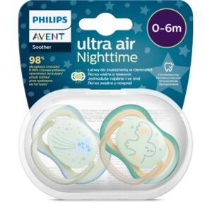 Suzete fosforescente Ultra Air SCF376/18 pentru 0-6 luni Verde/Bleu